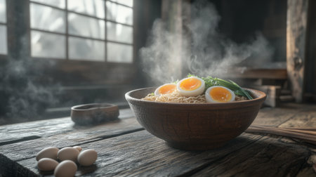 A steaming bowl of ramen topped with fresh ingredients, including soft-boiled eggs and green onions, displayed on a rustic wooden table.の素材