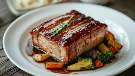 A slow-cooked pork belly presented with a glossy glaze, resting on a bed of sauted vegetables and drizzled with sauce for a gourmet touch.の素材