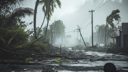 A cyclone causing massive destruction on land, with trees uprooted, power lines down, and debris scattered.の素材