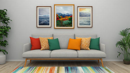 A stylish mid-century modern sofa set against a gallery wall, adorned with framed artwork, creating a trendy and artistic living space.の素材