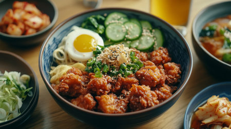 A bowl of Korean fried chicken served with a side of cold beer and traditional Korean side dishes.の素材