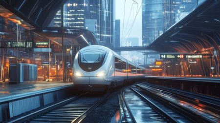 A commuter train arriving at a city station during rush hour.の素材