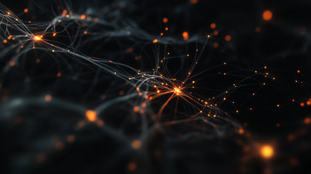 A digital representation of an information network with interconnected nodes and glowing lines on a dark background.の素材