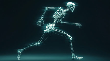 A dynamic, stylized representation of a human skeleton in motion, showcasing the joints and bones moving as if in action.の素材