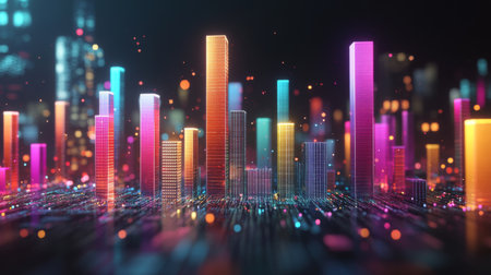 A vibrant D financial bar graph with glowing bars on a dark background, showcasing positive business growth and market performance.の素材