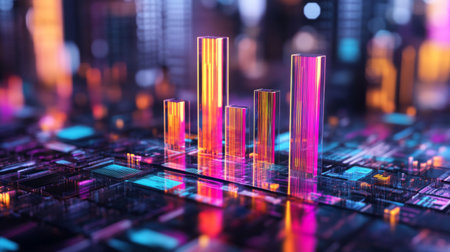 Multiple colorful D bars on a transparent glass platform, representing financial success and rising market trends in a futuristic setting.の素材