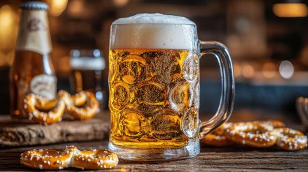 A traditional beer stein filled with a frothy beverage, placed on a wooden table, with pretzels and beer-related decor in the background.の素材