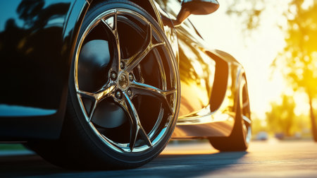 A close-up of a sleek, modern car wheel with a shiny alloy rim, reflecting sunlight on a clean, glossy surface.の素材