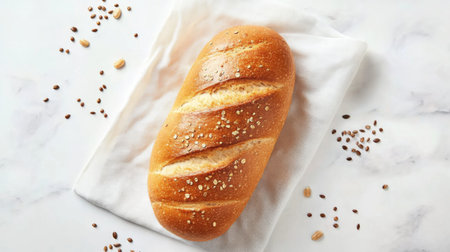 A warm loaf of whole grain bread placed on a linen cloth, surrounded by scattered grains and seeds, emphasizing its wholesome nature.の素材
