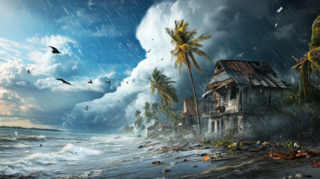 A fast-moving cyclone tearing through a coastal area, with debris flying and the wind gusting fiercely.の素材