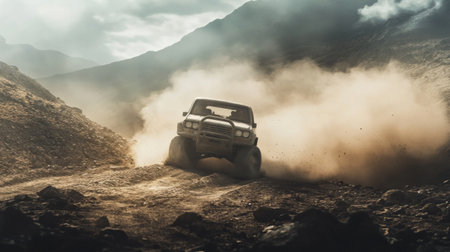 A dynamic shot of a car with off-road wheels climbing a rugged mountain path surrounded by dust and rocks.の素材