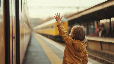 A child waving at a departing train from a platform, symbolizing farewell.の素材