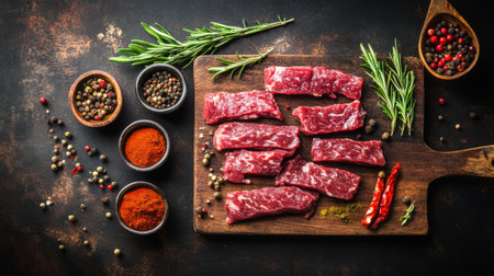 A top-down view of a cutting board with freshly sliced beef and spices, creating a vibrant composition of colors and textures for a culinary setting.の素材