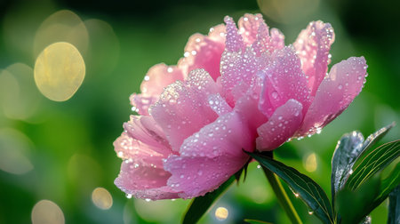 A stunning shot of a pink peony with sparkling water droplets, surrounded by lush green foliage, capturing the lushness and beauty of a garden after a rain shower.の素材
