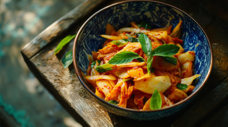 A colorful bowl of kimchi with vibrant red and green leaves, served as a side dish to a Korean meal.の素材