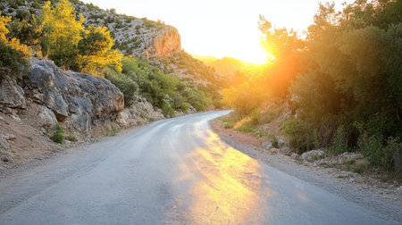 A tranquil image of a winding mountain road during the golden hour, with soft light illuminating the landscape and creating a warm, inviting scene.の素材