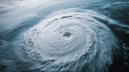 A dramatic image of a cyclone forming in the distance, with an ominous sky and rough ocean waves in the foreground.の素材