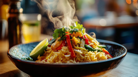 A vibrant plate of steaming fried rice garnished with colorful vegetables, fresh herbs, and a lime wedge, served in a traditional Thai bowl on a wooden table.の素材