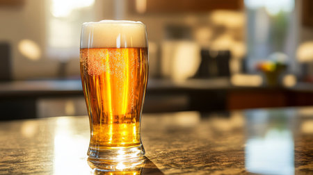 A tall glass of pale lager with a perfect head of foam, illuminated by golden sunlight, casting warm reflections on a smooth countertop.の素材