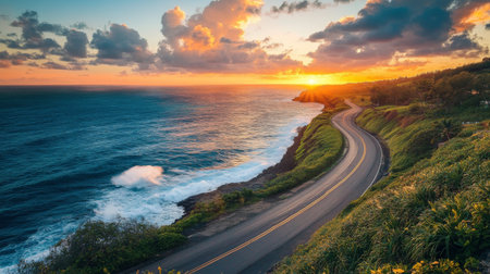 A coastal road along the ocean, with waves crashing on the shore and a vibrant sunset in the background.の素材