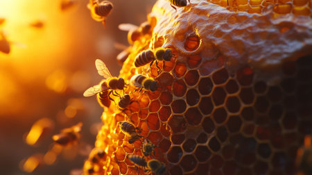 A close-up of bees creating their nest, constructing hexagonal cells filled with honey in a beehive.の素材