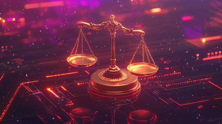 A concept image of digital justice with a holographic scale and gavel over a tech background.の素材