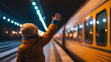 A child waving at a departing train from a platform, symbolizing farewell.の素材