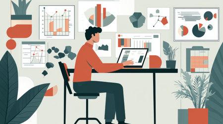 A young businessman in a stylish office environment, sitting at his desk working on a laptop, surrounded by work-related charts and graphs.の素材