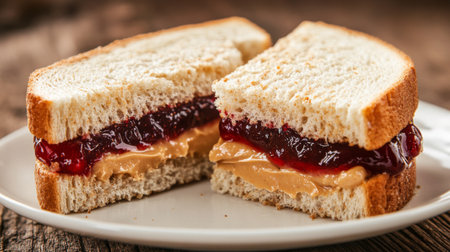 A classic peanut butter and jelly sandwich cut in half, revealing the gooey filling.の素材