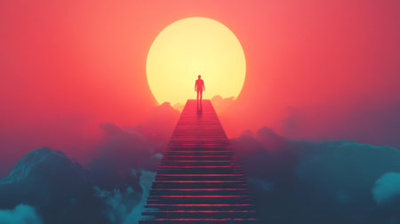 A person at the top of a glowing staircase looking at a bright horizon, symbolizing accomplishment.の素材