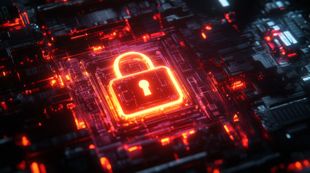 A glowing digital padlock icon on a futuristic screen, symbolizing secure electronic data protection.の素材
