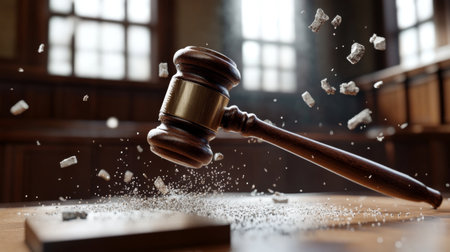A judges gavel striking a sound block in a courtroom, symbolizing justice and fairness.の素材