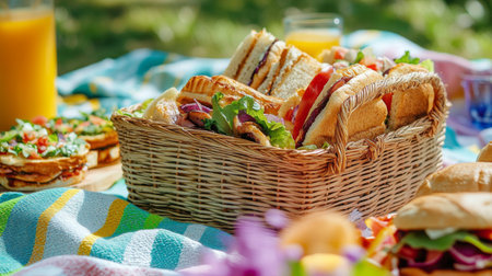 A vibrant picnic scene with various sandwiches neatly packed in a basket.の素材
