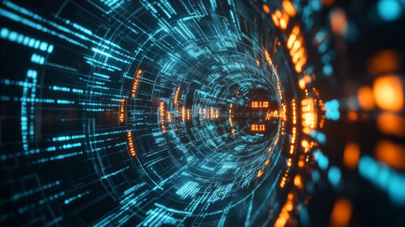 A futuristic digital vault with binary code flowing around it, symbolizing data security.の素材