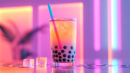 A refreshing glass of bubble milk tea with chewy tapioca pearls, served with a colorful straw and ice cubes.の素材