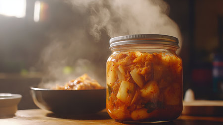A freshly opened jar of kimchi, with steam rising from a bowl of Korean soup in the background.の素材