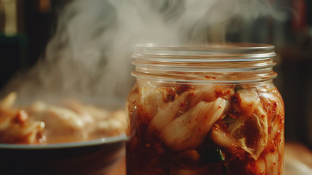 A freshly opened jar of kimchi, with steam rising from a bowl of Korean soup in the background.の素材
