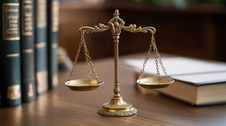 A golden scale of justice placed on a wooden judges desk, with legal books beside it.の素材