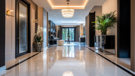 A luxurious hotel-like home hallway with glossy tile flooring and a statement chandelier.の素材
