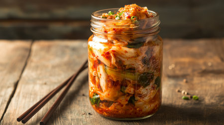 A jar of homemade kimchi placed on a wooden table with chopsticks beside it, ready to be served.の素材