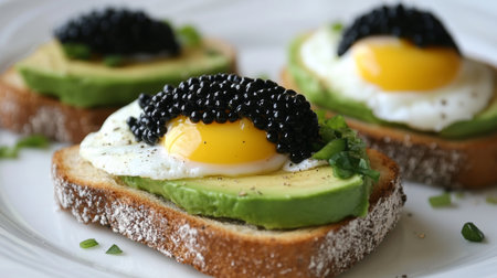 A gourmet brunch featuring caviar-topped avocado toast with a poached egg.の素材