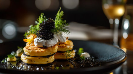 A gourmet appetizer featuring caviar on blinis with sour cream and fresh dill.の素材