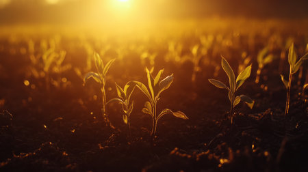A golden sunrise over a field of newly sprouted seedlings, capturing the essence of hope and renewal.の素材