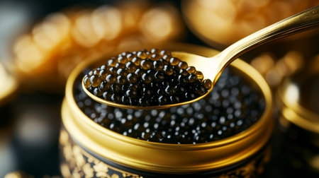 A gourmet spoon lifting caviar from an open tin, with elegant fine dining decor in the background.の素材