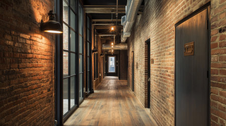 A loft-style hallway with exposed brick walls, industrial lighting, and wooden floors.の素材