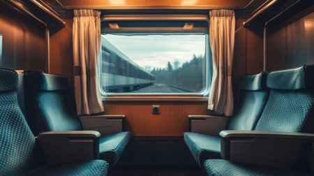 A luxury train cabin with elegant seating and a scenic window view.の素材