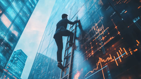 A young entrepreneur climbing a ladder made of financial charts, symbolizing business success.の素材