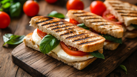 A rustic wooden table with an Italian panini, filled with mozzarella, tomato, and basil.の素材