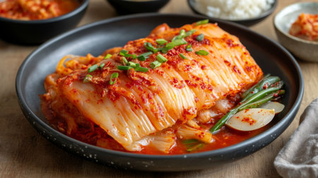 A plate of traditional kimchi served with a bowl of steamed rice and side dishes.の素材