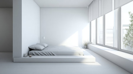 A minimalist bedroom with a white low-profile bed, a few elegant accessories, and large windows for natural light.の素材